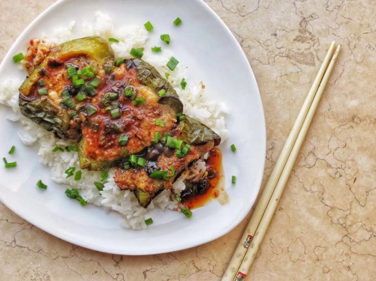 Tofu Stuffed Peppers with Spicy Black Bean Sauce